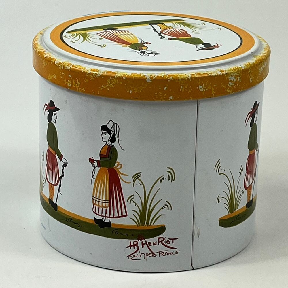 HB Henriot Quimper Yellow Breton Biscuit Tin Massilly France Folk Art 4.5" Round - Picture 3 of 11